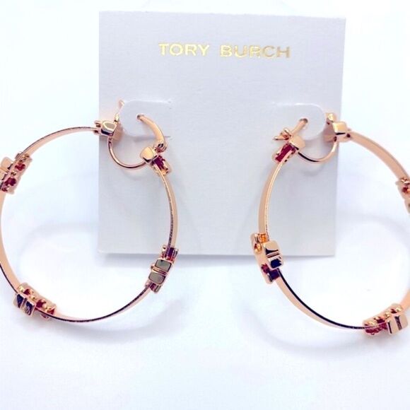 New Tory Burch Rose Gold Logo Light Weight Hoop Earings - Picture 6 of 9